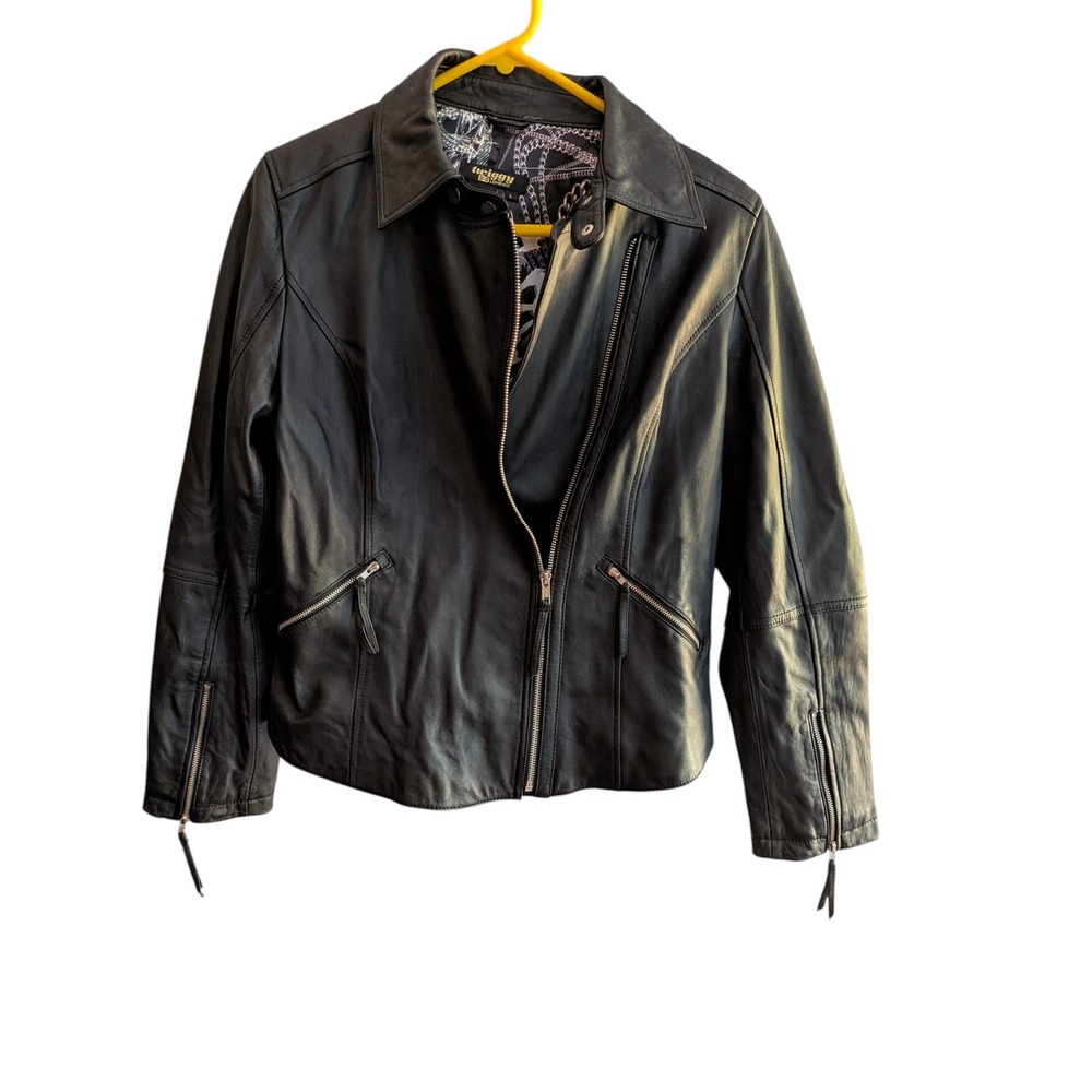 Twiggy London Black Leather Moto Jacket Womens Large Zip Up Coat